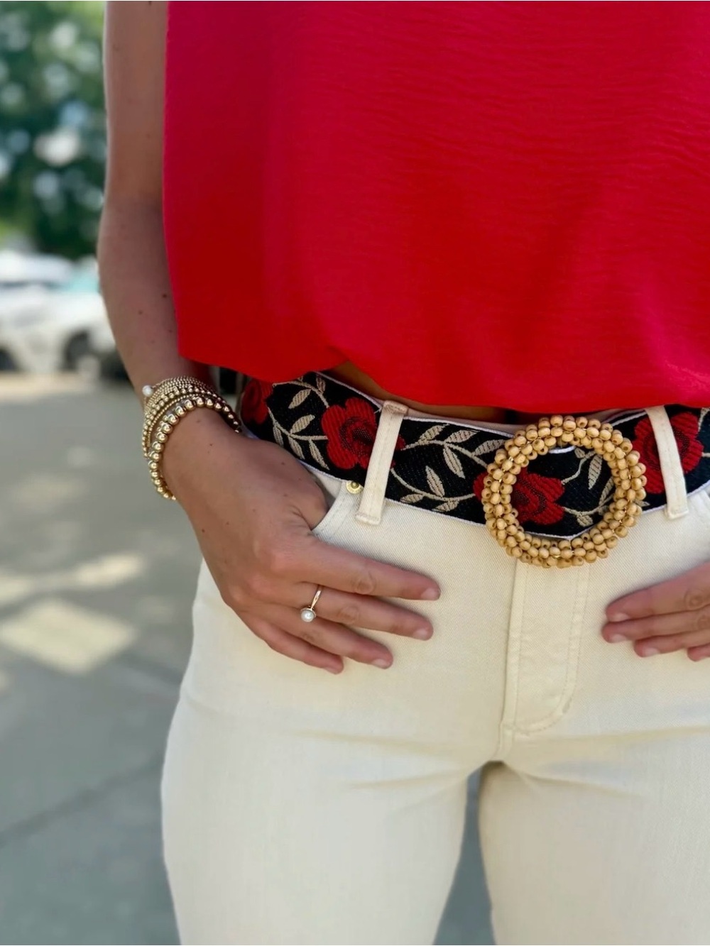 Pol Clothing Floral Embroidered Belt w/Beaded Buckle